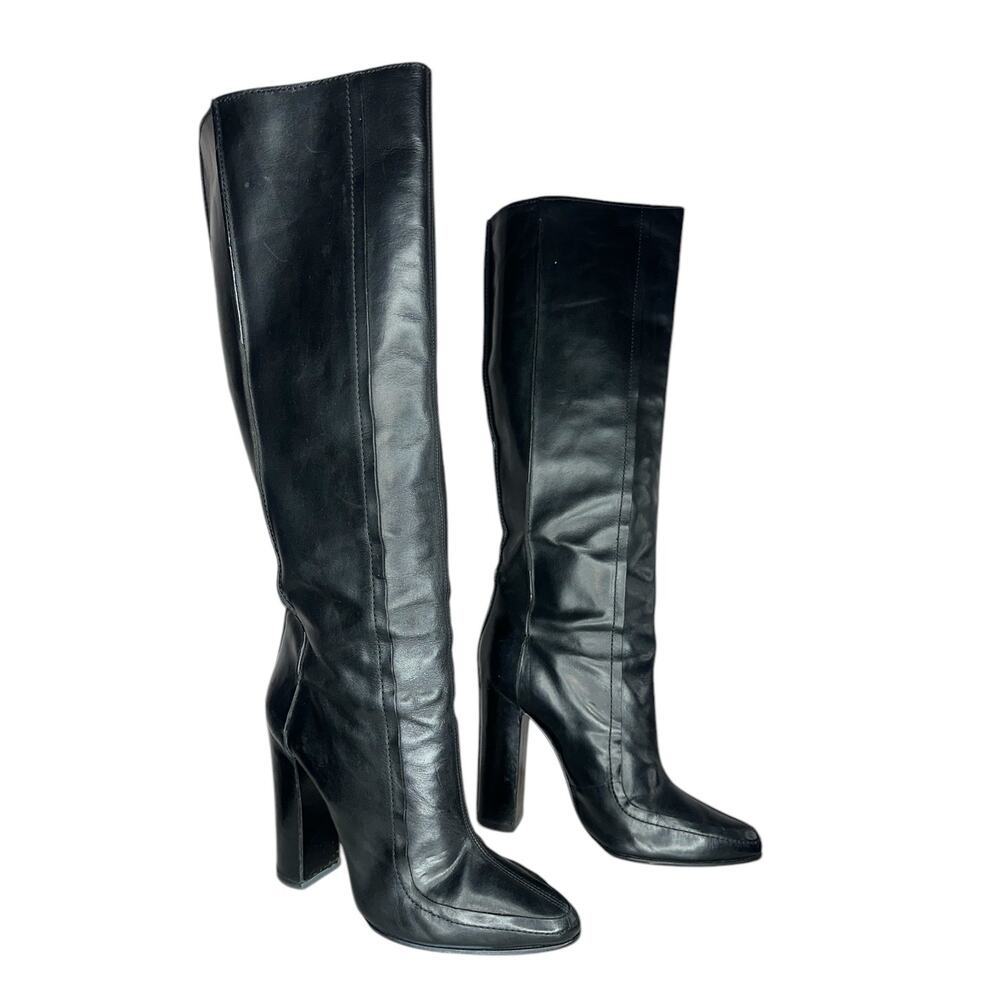 Alexander Wang Knee High Black Leather Boots Point Toe Stacked Heel Size 9